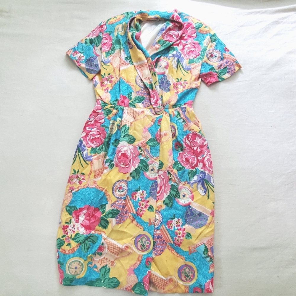 Adrianna papell 100% silk dress clocks floral rose 14 medium large
